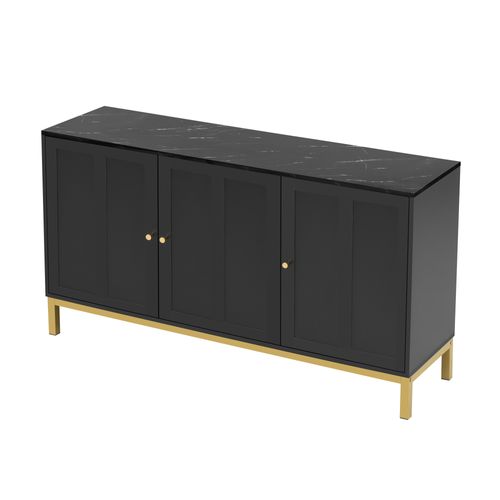 Buffet Moderne Avec 3 Portes - 140 X 40 X 80 Cm - Mdf - Pour Salon Ou Cuisine - Noir Et Doré