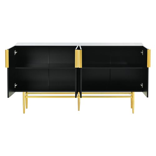 Buffet Strié 4 Portes - Style Moderne - Noir - 150 X 40 X 86 Cm -  Pour Salle à Manger, Salon