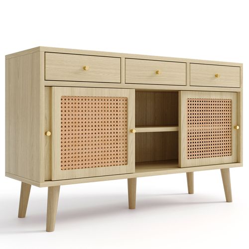 Buffet Avec 3 Tiroirs 3 Rotin Portes Coulissantes, Étagères Réglables, Chêne , 120x40x78 cm