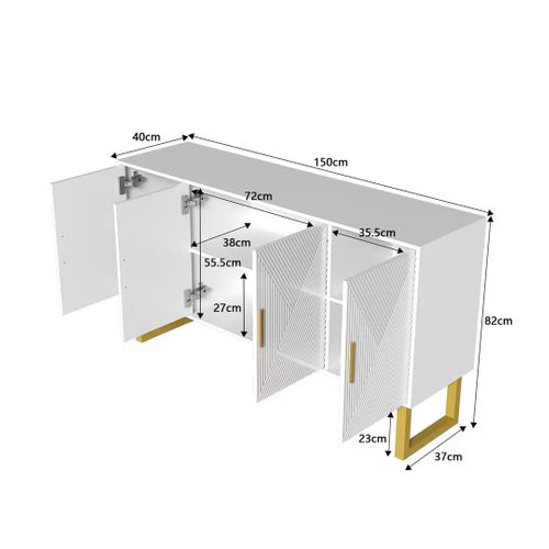 Buffet Salon Blanc Moderne Avec 4 Portes Texturées, Façade Brillante, Poignées Dorées