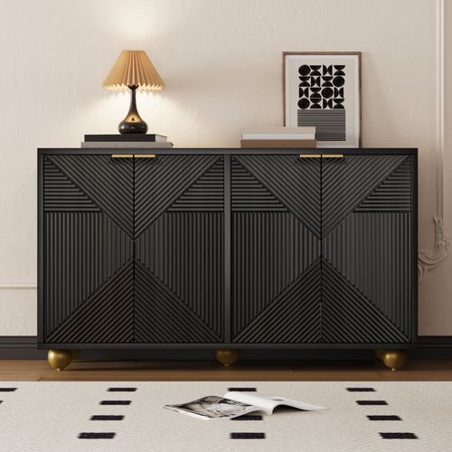 Buffet Moderne, Armoire De Salon Avec 4 Portes Sculptées Et Étagères Réglables, Noir