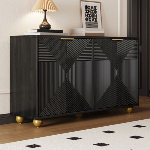 Buffet Moderne, Armoire De Salon Avec 4 Portes Sculptées Et Étagères Réglables, Noir