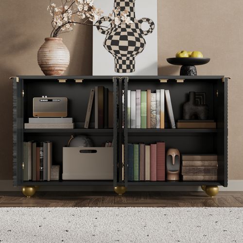 Buffet Moderne, Armoire De Salon Avec 4 Portes Sculptées Et Étagères Réglables, Noir