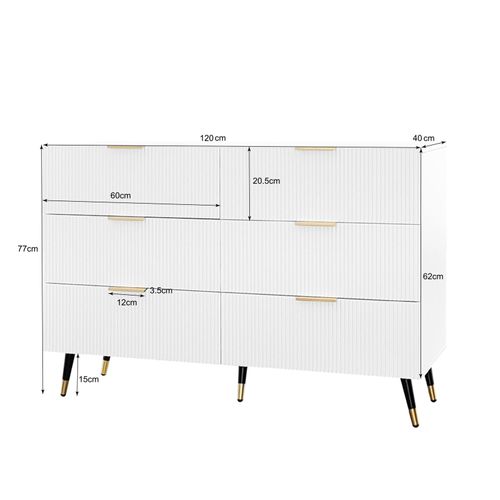 Commode 6 Tiroirs Meuble Tiroir Rangement Blanc Avec Pieds Et Poignées Dorés Meuble