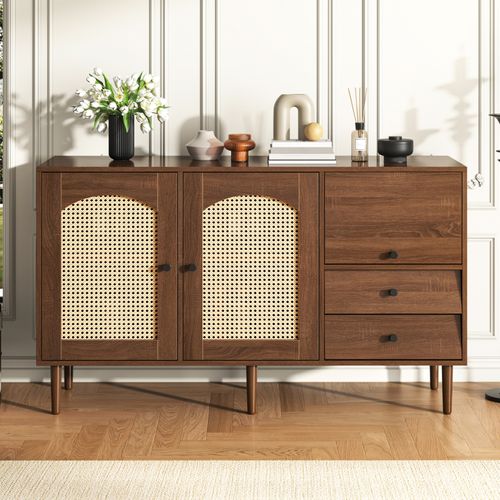 Buffet Avec Insert En Rotin - Commode Moderne Avec 3 Portes Et 2 Tiroirs Irréguliers - Bois Foncé
