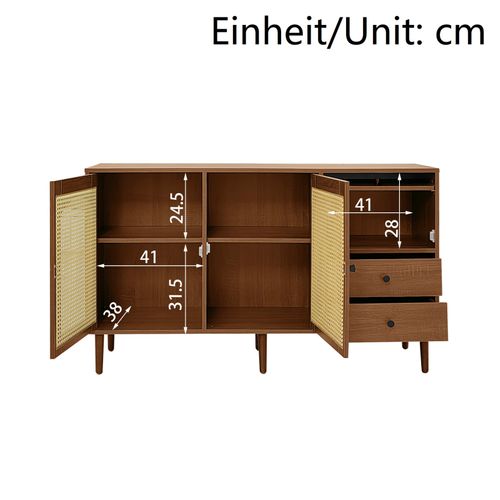 Buffet Avec Insert En Rotin - Commode Moderne Avec 3 Portes Et 2 Tiroirs Irréguliers - Bois Foncé
