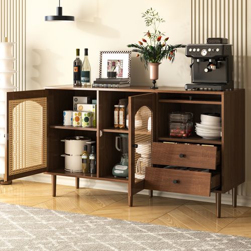 Buffet Avec Insert En Rotin - Commode Moderne Avec 3 Portes Et 2 Tiroirs Irréguliers - Bois Foncé