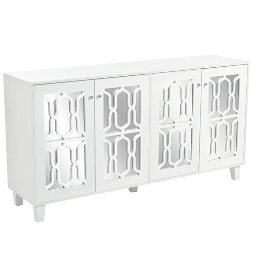 Buffet Élégant Avec Miroir Blanc, Buffet Polyvalent – 4 Portes, Étagère Réglable