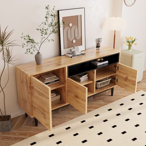 Buffet Moderne En Bois Avec 3 Portes Et Étagères, En Bois Naturel, Commode à Tiroirs