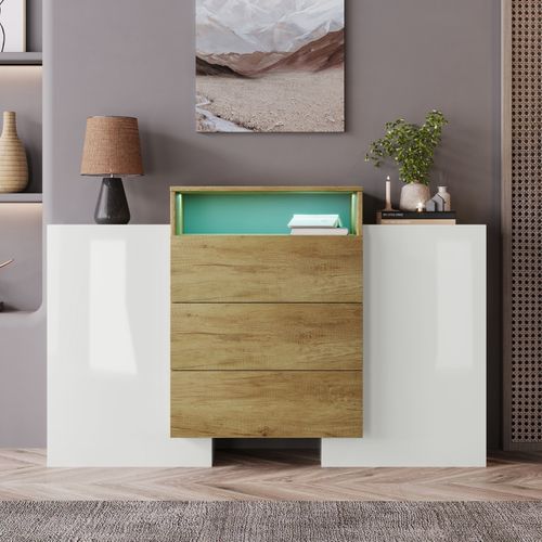 Buffet Blanc Et Bois Avec Lumière LED, Buffet De Salon Avec 2 Portes Et 3 Tiroirs