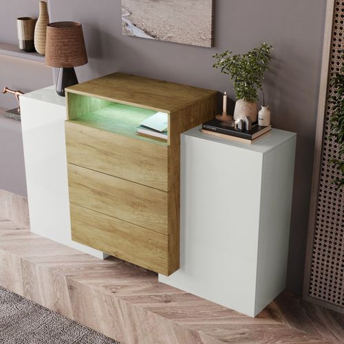 Buffet Blanc Et Bois Avec Lumière LED, Buffet De Salon Avec 2 Portes Et 3 Tiroirs
