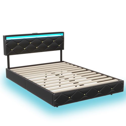 Lit 160x200 Avec LED Et USB, Lit2 Personnes Flottant Cadre De Lits Avec Lattes En Bois, Pu, Noir