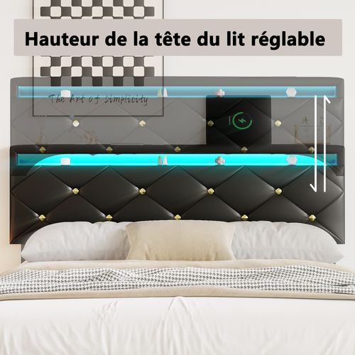 Lit 160x200 Avec LED Et USB, Lit2 Personnes Flottant Cadre De Lits Avec Lattes En Bois, Pu, Noir