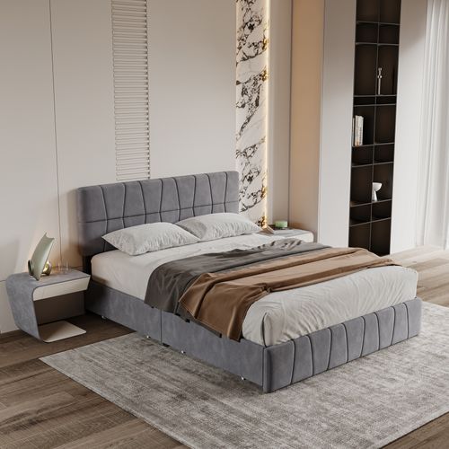 Lit Double 160x200 Cm Avec Tiroirs, Sommier à Lattes, Sommier Velours, Lit Capitonné, Gris