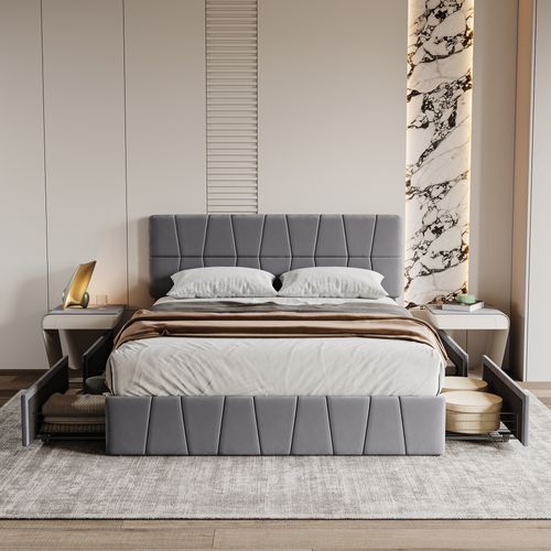 Lit Double 160x200 Cm Avec Tiroirs, Sommier à Lattes, Sommier Velours, Lit Capitonné, Gris