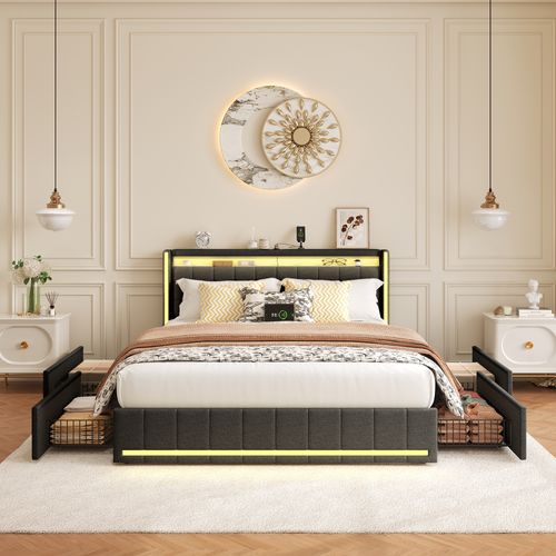 Lit Coffre 140x200 Cm, Lit Double Capitonné Avec USB Et Type-c, LED, Avec 4 Tiroirs, Lin, Gris