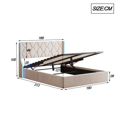 Lit Coffre 160x200 Cm Avec Sommier,  Avec LED, Sommier à Lattes, Velours, Beige