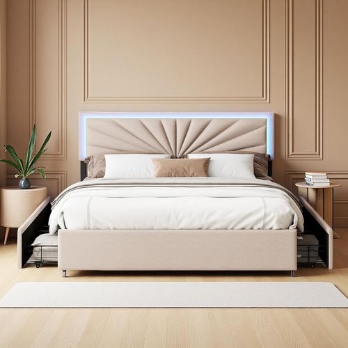 Lit Double 160x200cm Capitonné Avec Sommier, 4 Tiroirs De Rangement, Tête De Lit Éclairage LED,beige