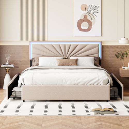 Lit Double 160x200cm Capitonné Avec Sommier, 4 Tiroirs De Rangement, Tête De Lit Éclairage LED,beige