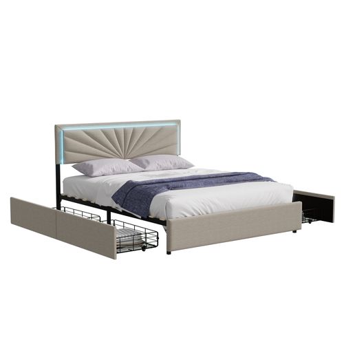 Lit Double 160x200cm Capitonné Avec Sommier, 4 Tiroirs De Rangement, Tête De Lit Éclairage LED,beige