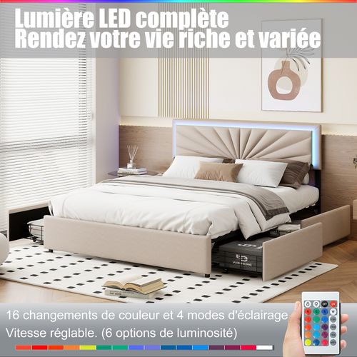 Lit Double 160x200cm Capitonné Avec Sommier, 4 Tiroirs De Rangement, Tête De Lit Éclairage LED,beige