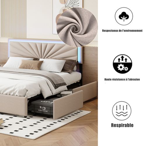 Lit Double 160x200cm Capitonné Avec Sommier, 4 Tiroirs De Rangement, Tête De Lit Éclairage LED,beige