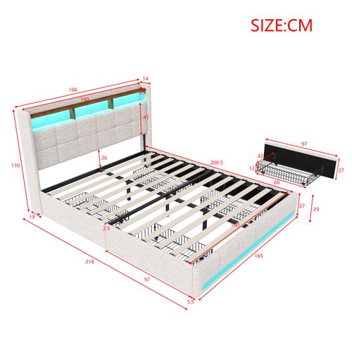 Lit Double 160x200 Cm Avec Sommier, LED Et USB, 4 Tiroirs Et Tête De Lit De Rangement, Lin, Beige