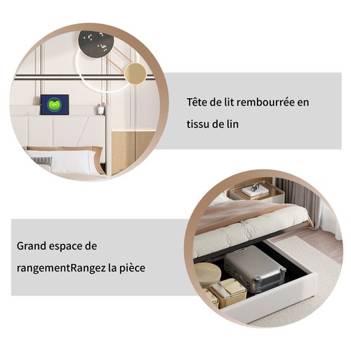 Lit Coffre 140 X 200 Cm Avec Sommier, LED, USB - Espace De Rangement, Beige