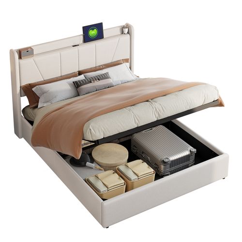 Lit Coffre 160 X 200 Cm Avec Sommier, LED, USB - Espace De Rangement, Beige