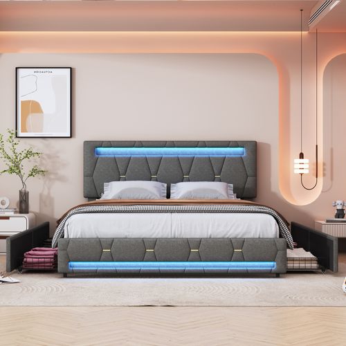 Lit Double Capitonné 140 X 200 Cm, LED, Avec Sommier à Lattes, Rangement, Gris