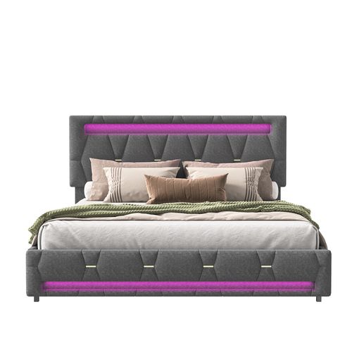 Lit Double Capitonné 140 X 200 Cm, LED, Avec Sommier à Lattes, Rangement, Gris