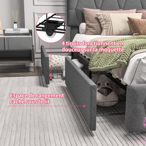 Lit Double Capitonné 160 X 200 Cm, LED, Avec Sommier à Lattes, Rangement, Gris