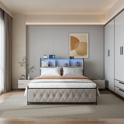 Lit Double Capitonné 140x200cm, Avec 2 USB, Lit LED Avec 4 Tiroirs De Rangement, Velours, Beige
