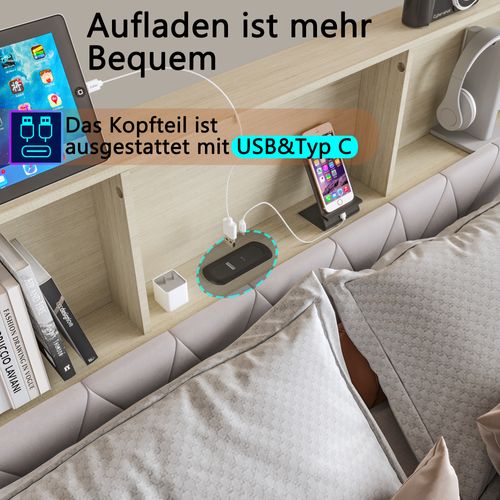 Lit Double Capitonné 180x200cm, Avec 2 USB, Lit LED Avec 4 Tiroirs De Rangement, Velours, Beige