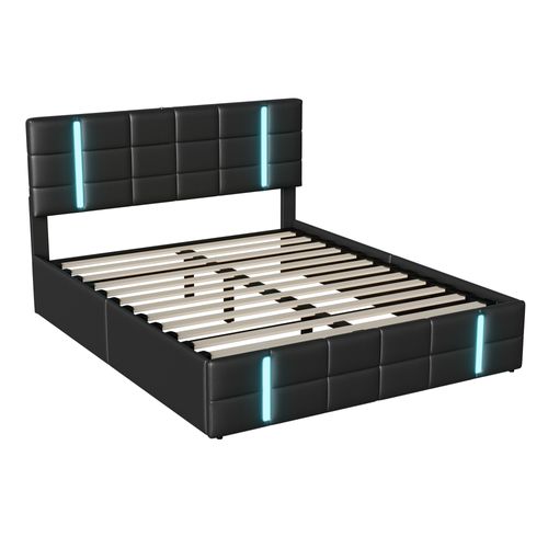 Lit Coffre 140x200 Cm Avec Sommier, Lit Double Rembourré Avec Éclairage LED Et Port USB, Pu, Noir