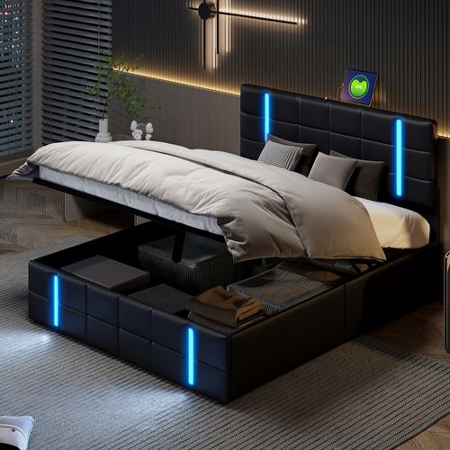 Lit Coffre 140x200 Cm Avec Sommier, Lit Double Rembourré Avec Éclairage LED Et Port USB, Pu, Noir
