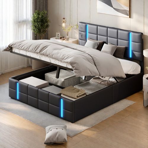 Lit Coffre 160x200 Cm Avec Sommier, Lit Double Rembourré Avec Éclairage LED Et Port USB, Pu, Noir