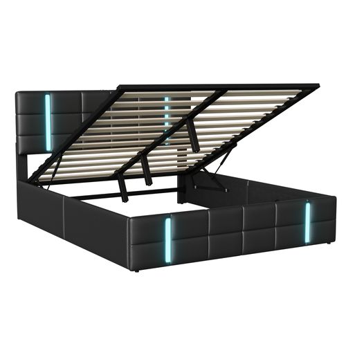 Lit Coffre 160x200 Cm Avec Sommier, Lit Double Rembourré Avec Éclairage LED Et Port USB, Pu, Noir