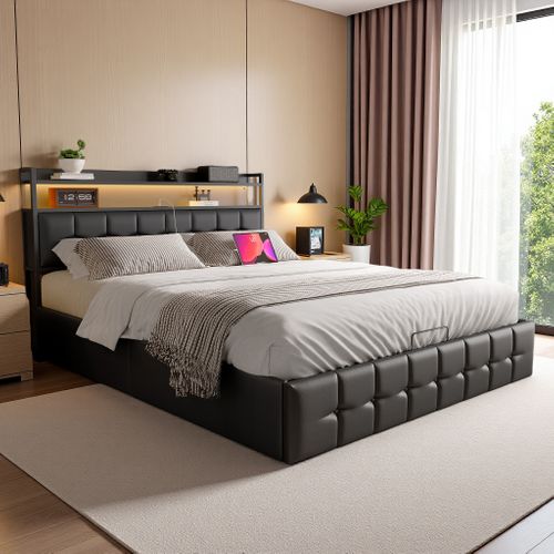 Lit Coffre 160x200 Cm, Tête De Lit Avec Station De Recharge Et LED, Avec Sommier à Lattes, Pu, Noir