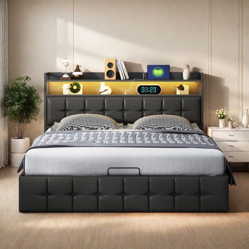 Lit Coffre 160x200 Cm, Tête De Lit Avec Station De Recharge Et LED, Avec Sommier à Lattes, Pu, Noir
