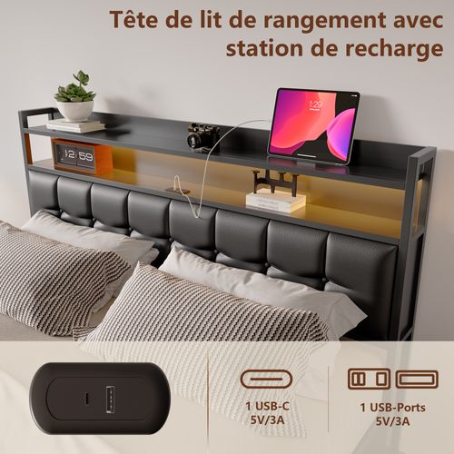 Lit Coffre 160x200 Cm, Tête De Lit Avec Station De Recharge Et LED, Avec Sommier à Lattes, Pu, Noir