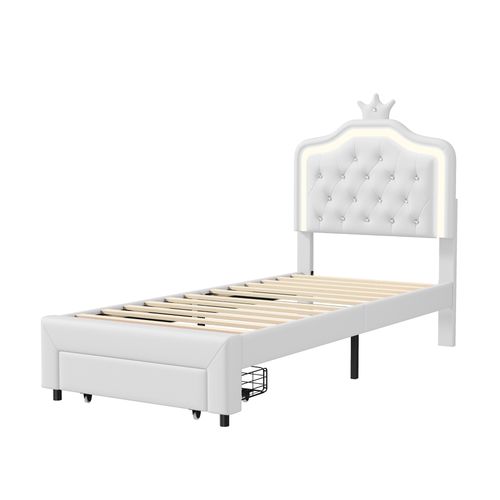 Lit Rembourré 90 X 200 Cm, Avec Tiroirs, LED, Avec Sommier à Lattes Et Dossier, Blanc