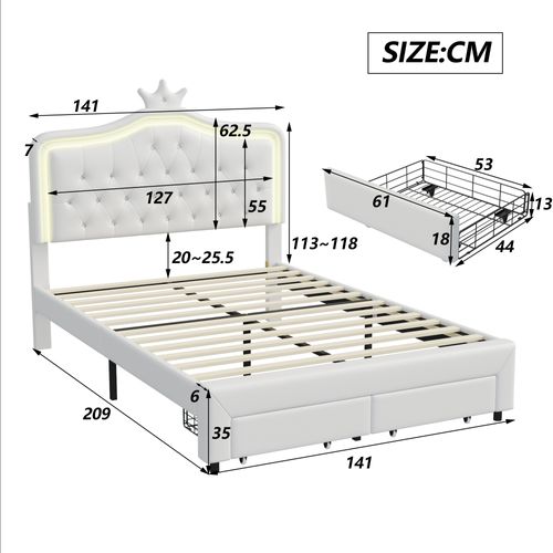 Lit Rembourré 140 X 200 Cm, Avec Tiroirs, LED, Avec Sommier à Lattes Et Dossier, Blanc