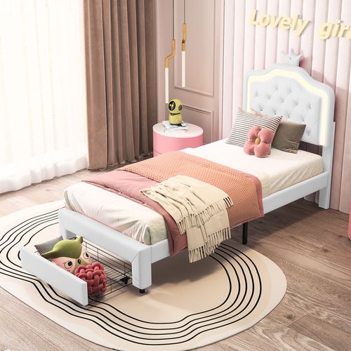 Lit Rembourré 140 X 200 Cm, Avec Tiroirs, LED, Avec Sommier à Lattes Et Dossier, Blanc