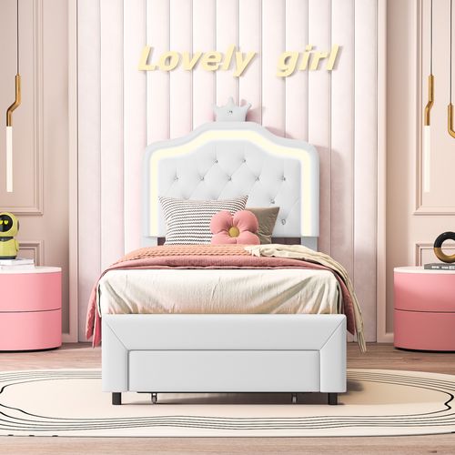 Lit Rembourré 140 X 200 Cm, Avec Tiroirs, LED, Avec Sommier à Lattes Et Dossier, Blanc