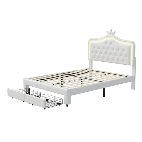 Lit Rembourré 140 X 200 Cm, Avec Tiroirs, LED, Avec Sommier à Lattes Et Dossier, Blanc