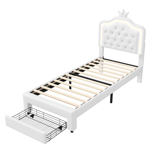 Lit Rembourré 140 X 200 Cm, Avec Tiroirs, LED, Avec Sommier à Lattes Et Dossier, Blanc