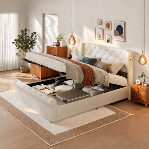 Lit Double 140 X 190 Cm, Avec Lampes De Lecture, Lit De Rangement, Sommier à Lattes, Velours, Beige