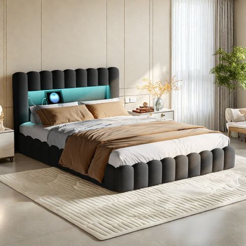 Lit à Bulles 180 X 200 Cm, Avec LED Et USB, Avec Espace De Rangement, Avec Sommier à Lattes, Gris