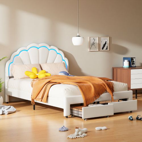 Lit Rembourré 140 X 200 Cm, Avec LED, Avec Tiroirs, Avec Sommier à Lattes, Velours, Blanc